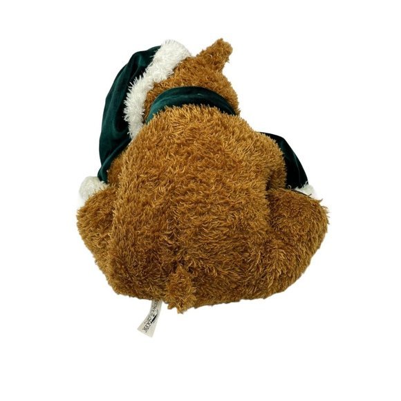 Kurt S Adler Sparkly 10" Brown Bear Stuffed Plush with Green Santa Hat and Scarf - Picture 7 of 8